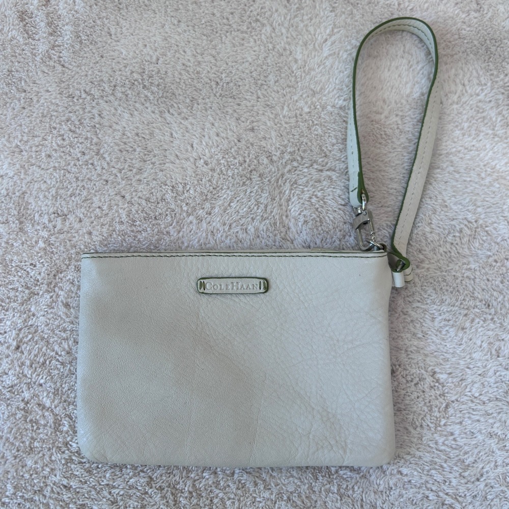 Cole Haan Leather Wristlet Pouch Cream Green Trim Silver Hardware Clutch